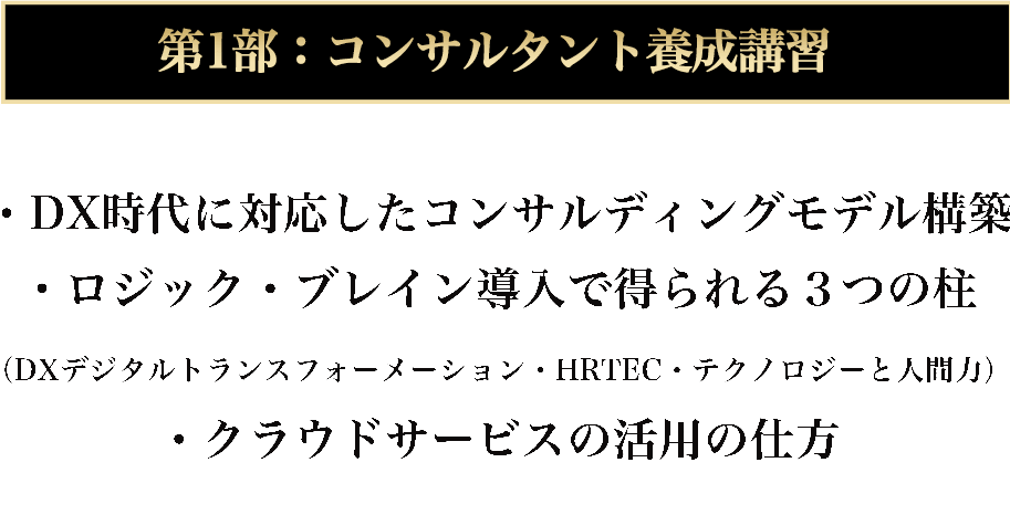 第一部：コンサルタント養成講習 ・DX時代に対応したコンサルティングモデル構築 ・ロジック・ブレイン導入で得られる３つの柱 (DXデジタルトランスフォーメーション・HRTEC・テクトロジーと人間力) ・クラウドサービスの活用の仕方