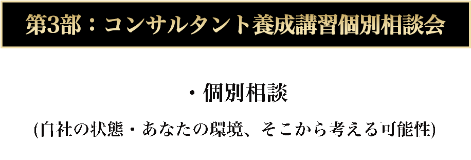 第3部：コンサルタント養成講習個別相談会 ・個別相談 (自社の状態・あなたの環境、そこから考える可能性)